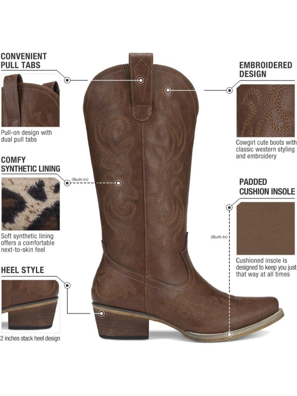 Women's Bronze Floral Embroidery Snip Toe Mid Calf Chunky Heel Cowgirl Boots - Picture 4 of 6